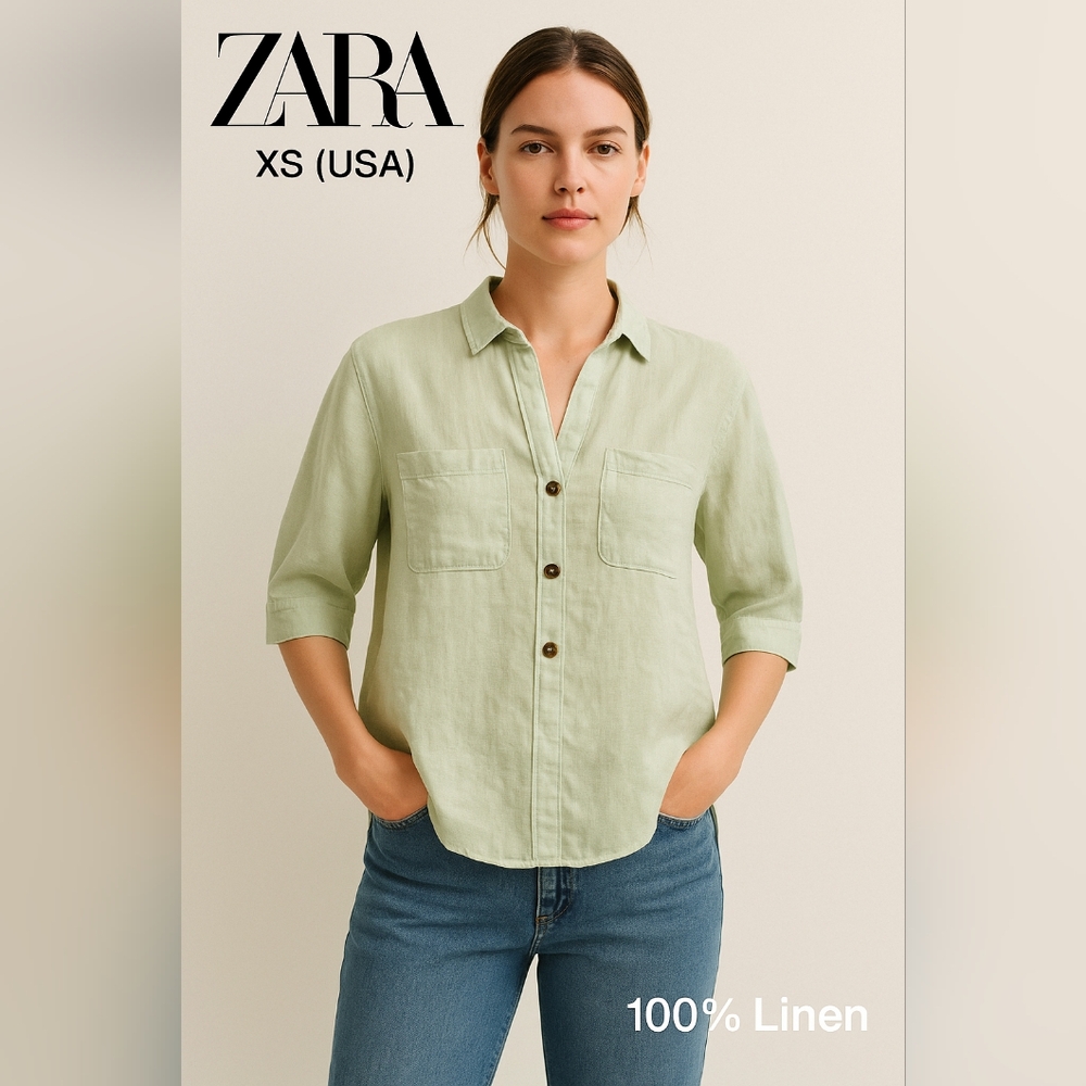 Zara Women’s Mint Green Button-Down Shirt Top 100% Linen Size XS